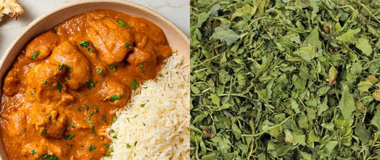 Authentic butter chicken curry with tender pieces in rich tomato cream sauce served with basmati rice, and dried kasoori methi leaves