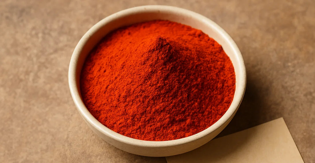 Authentic Kashmiri chilli powder displayed in rustic wooden bowl. Known for its brilliant red color and gentle heat, this essential Indian spice adds vibrant flavor to any dish.