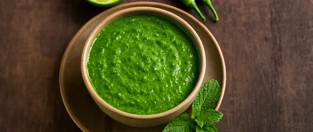 Fresh green mint and coriander chutney in a wooden bowl on dark wooden surface, garnished with mint leaves and lime wedge