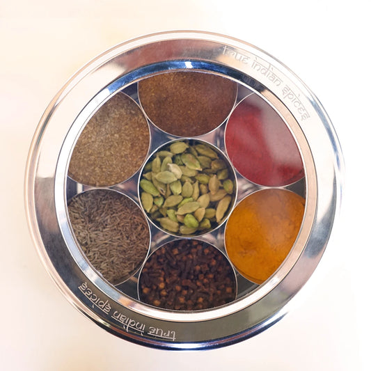 Traditional Indian Spice Box (Masala Dabba) with 7 essential cooking spices
