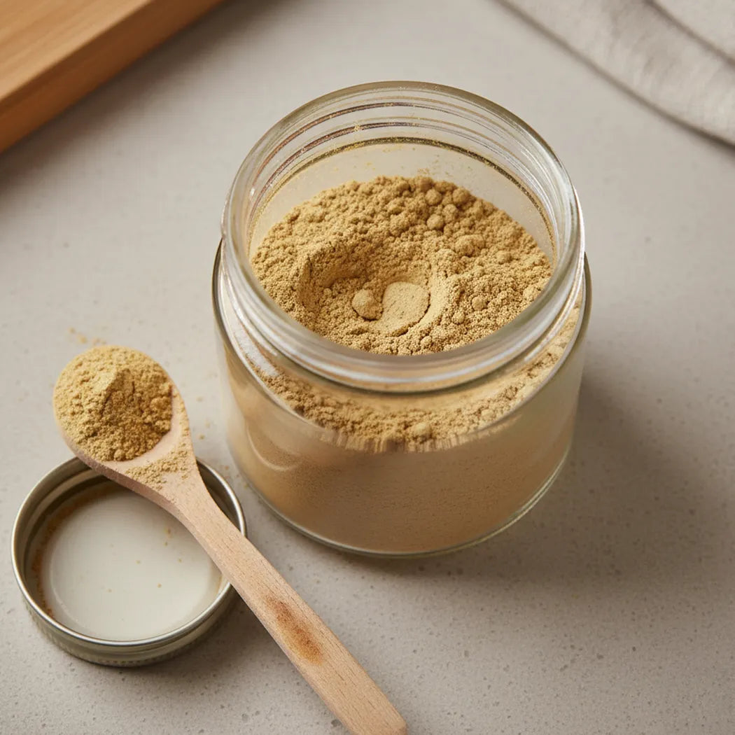 Jar of asafoetida powder with a wooden spoon on a neutral background