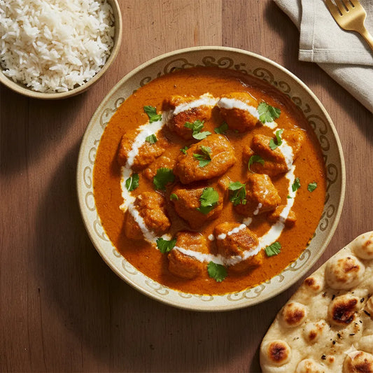 Plated dish of curry with naan bread and rice on a wooden table