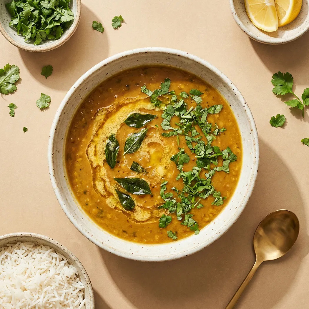 bowl of dal with garnishes on a beige background