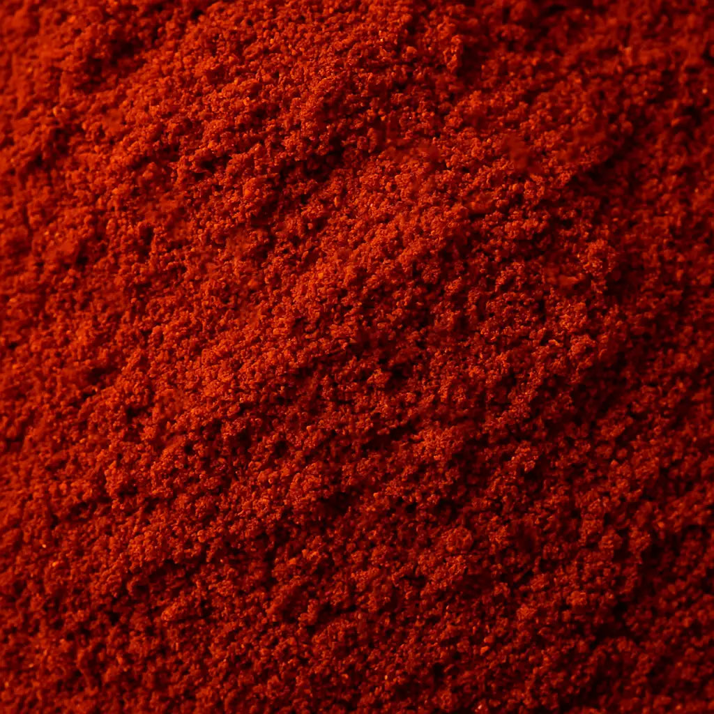 Close-up texture of vibrant red Kashmiri chilli powder showing fine, powdery consistency and deep crimson colour