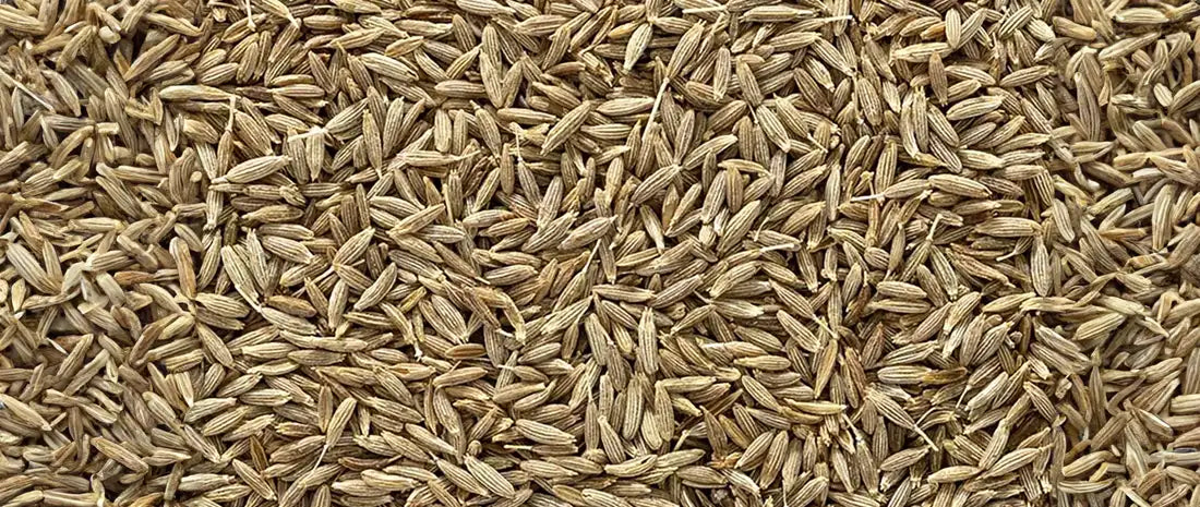Close-up of whole cumin seeds showing their distinctive brown, elongated boat shape