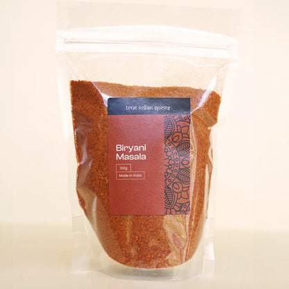 Clear resealable pouch with a  label showcases the 100g Biryani Masala spice mix