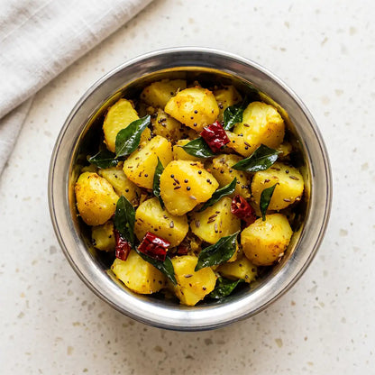 A top-down view of a stainless steel bowl filled with aloo masala in a yellow, garnished with green curry leaves, dried red chilies, and black mustard seeds, set on a light speckled countertop with a folded beige cloth in the corner.