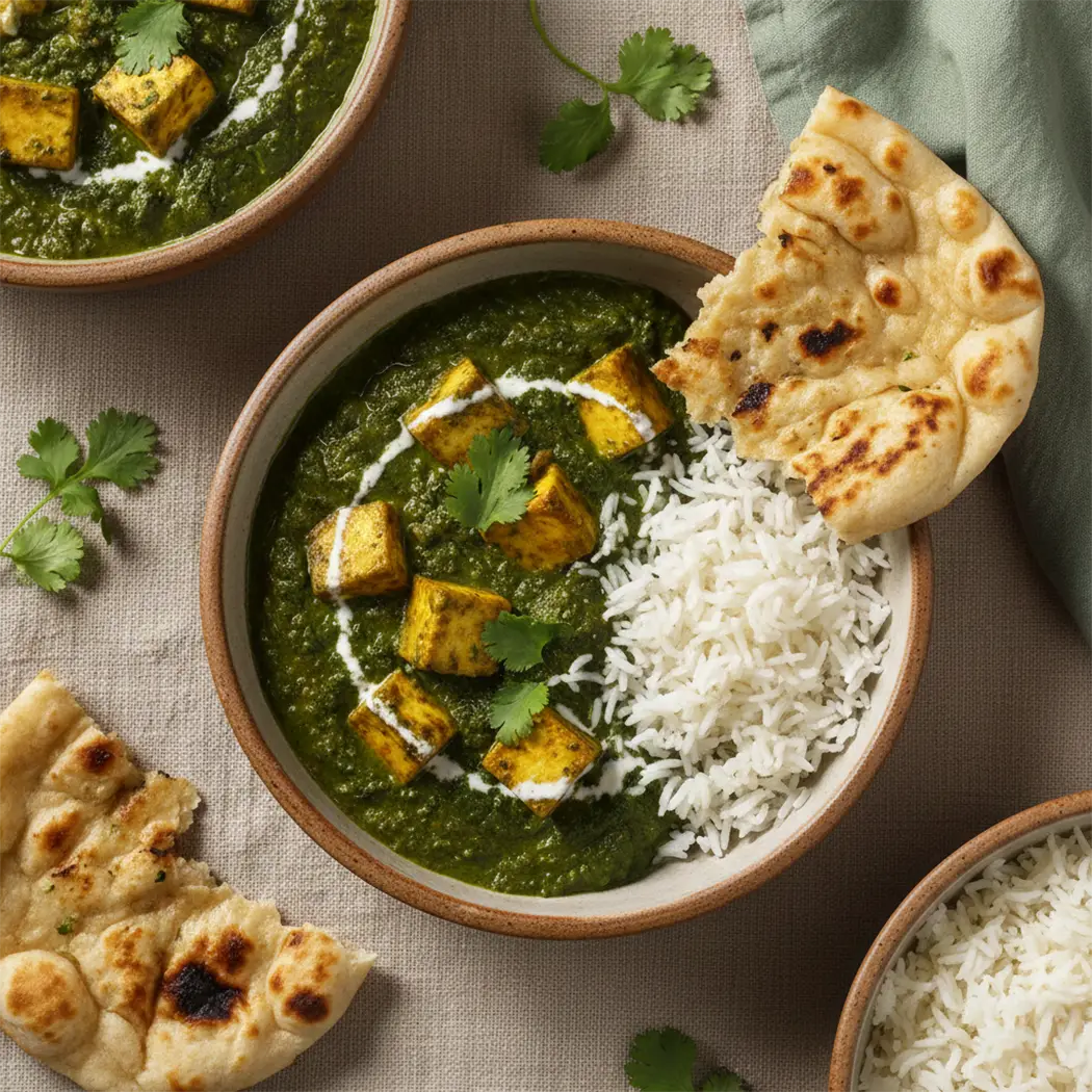Bowl of paneer tikka masala, rice, and naan bread on a table cloth.