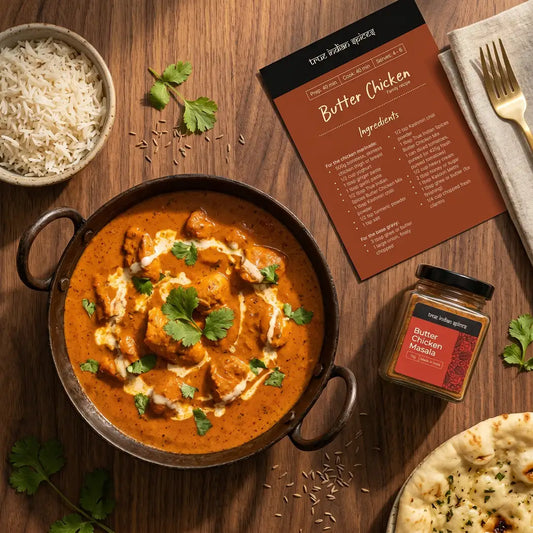 Butter Chicken dish with a recipe card on a wooden table